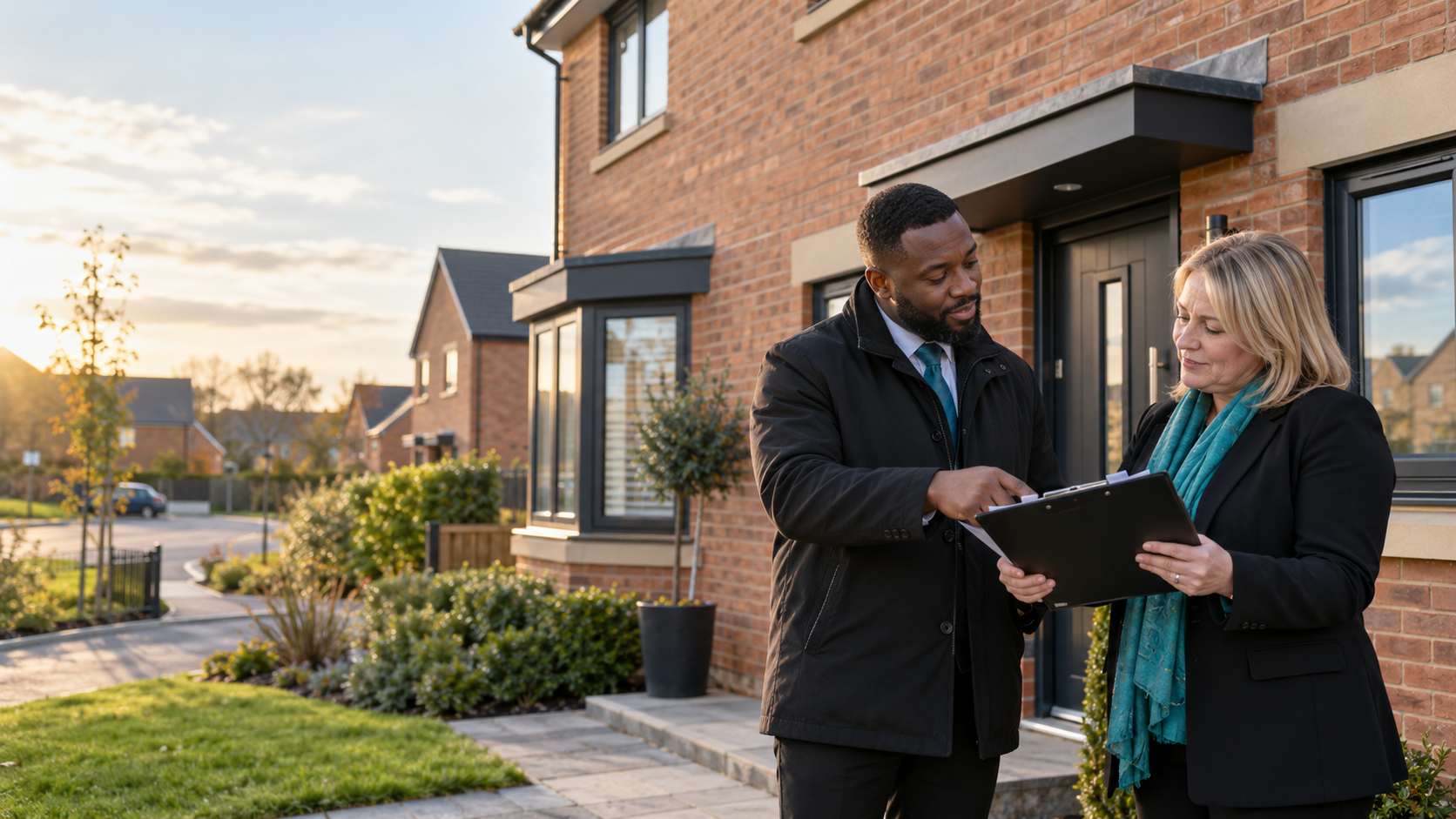 A property conversation outside a brick home