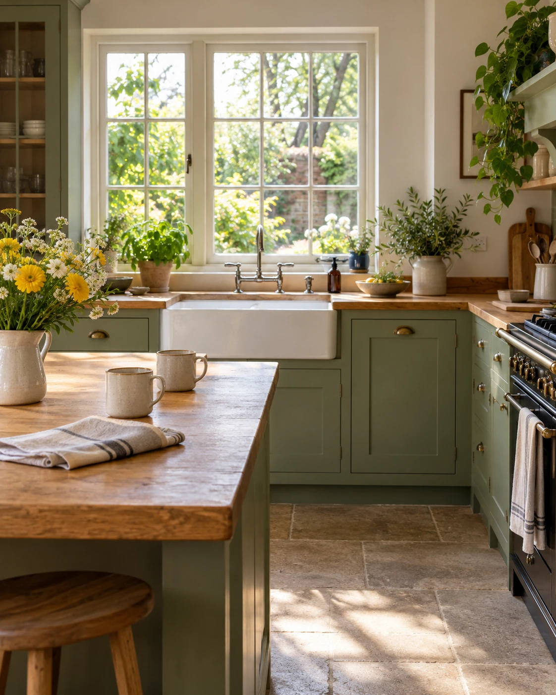 A sunlit home kitchen with sage cupboards, oak worktops and fresh flowers beside a garden window