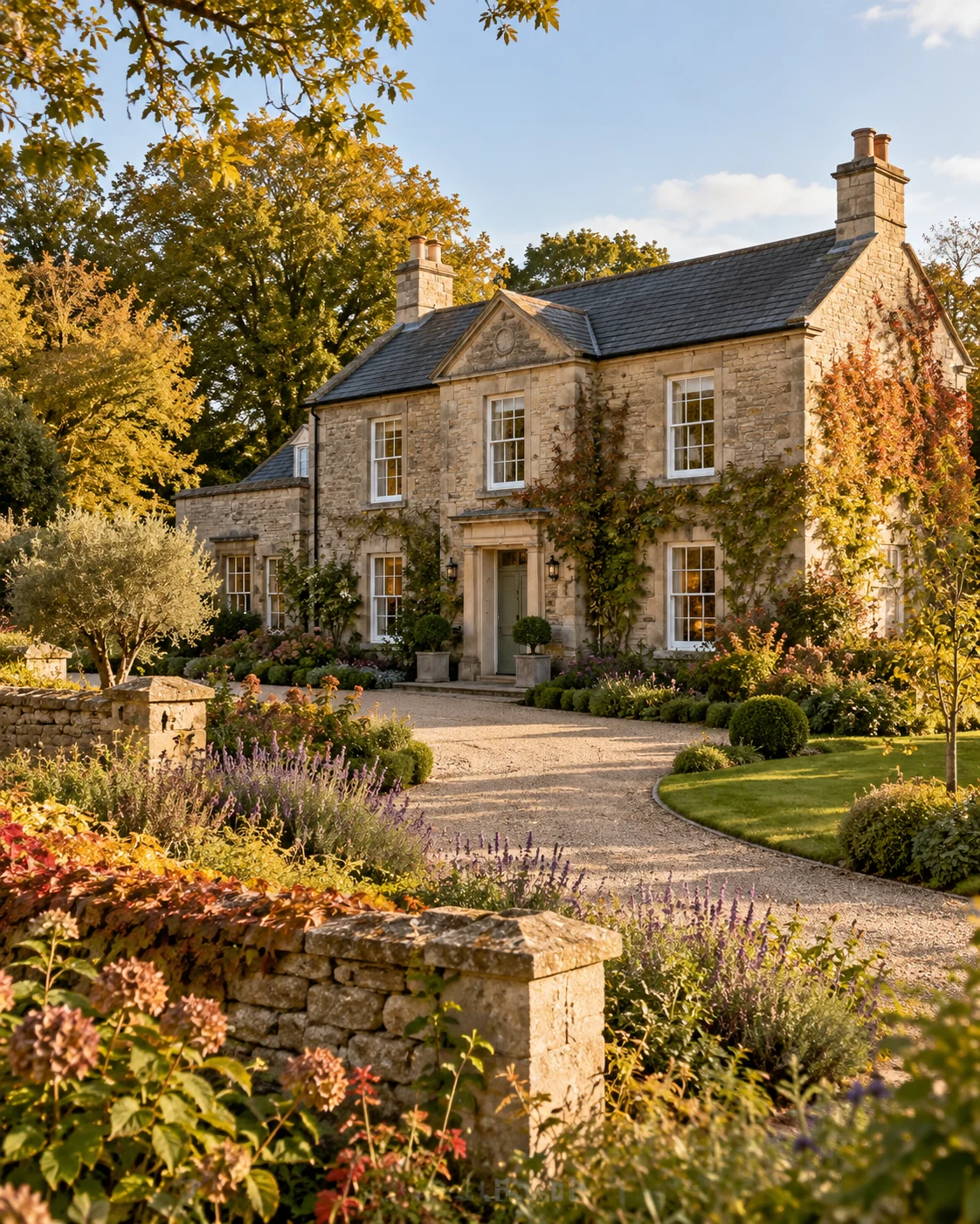 A well-kept stone home with a welcoming garden, mature trees and warm afternoon light