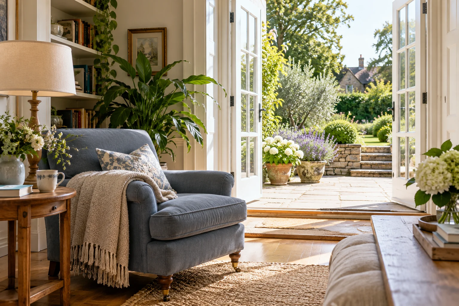 A carefully maintained home sitting room with a comfortable armchair and open doors onto a planted garden terrace
