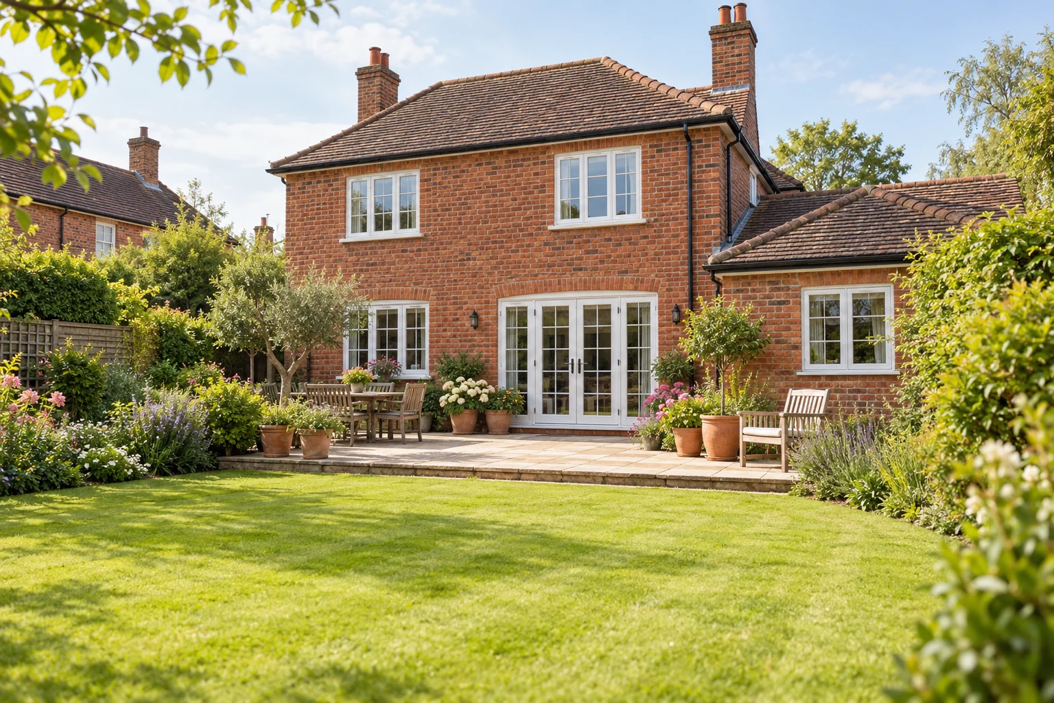 A carefully maintained British home opening onto a green garden and planted stone terrace