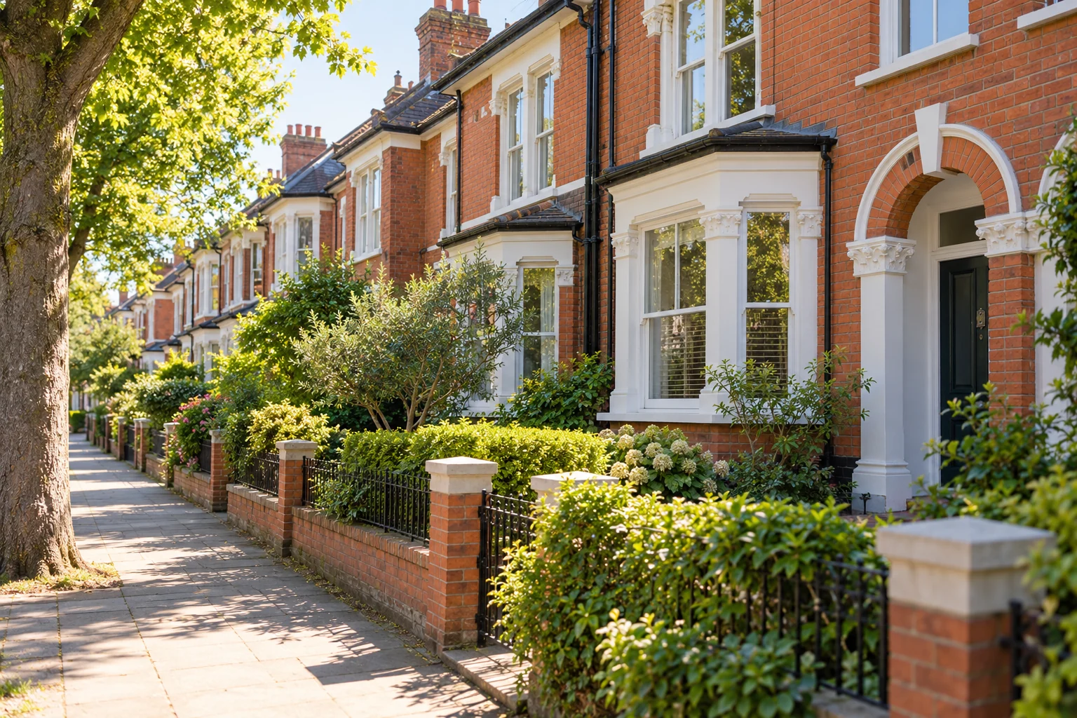A quiet British street with red-brick homes, front gardens and leafy trees