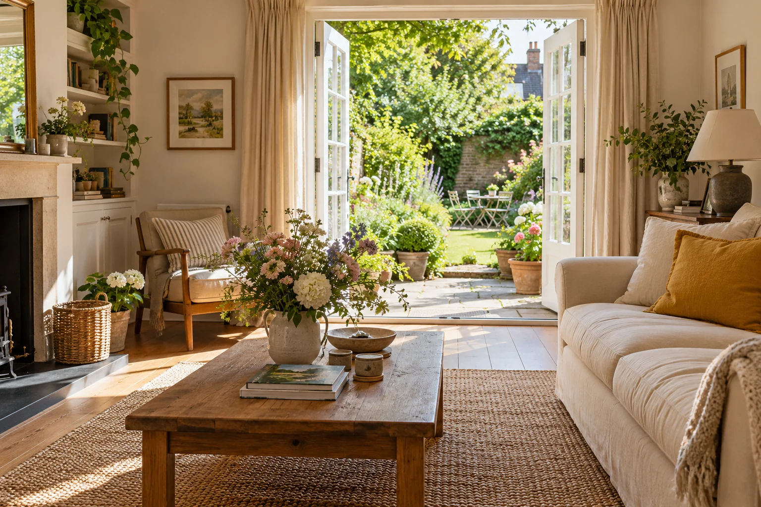 A sunlit sitting room with a linen sofa, fresh flowers and open French doors leading into a green garden